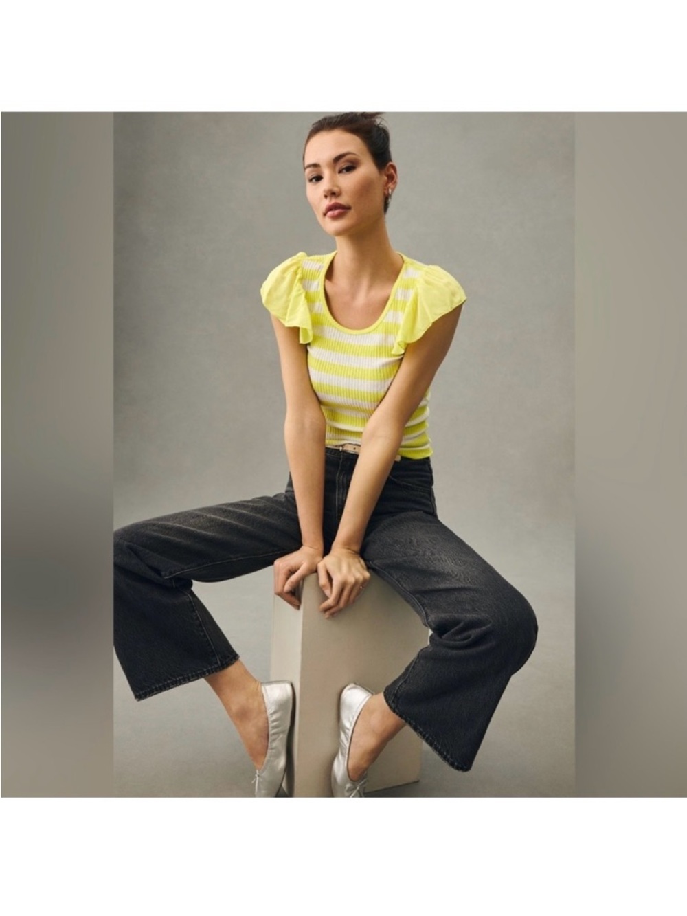 Anthropologie Yellow and White Striped Ruffle-Sleeve Knit Top